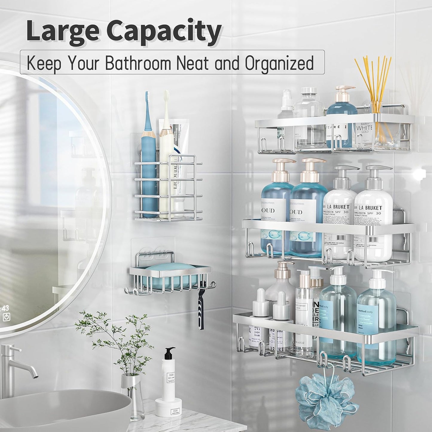 5 Pack Shower Caddy Organizer Rack Shelf for Inside Shower, Self Adhesive Bathroom Wall Storage Basket Rustproof Stainless Steel Large Capacity Shampoo Holder, Silver