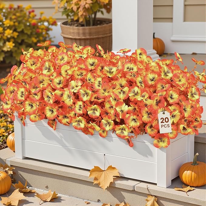 20 Bundles Artificial Fall Flowers for Outdoors, Faux Pansy Fake Mums Flowers Plants Outdoor Fall Decor, UV Resistant No Fade Silk Flower for Planter Porch Patio Window Decor, Autumn Orange