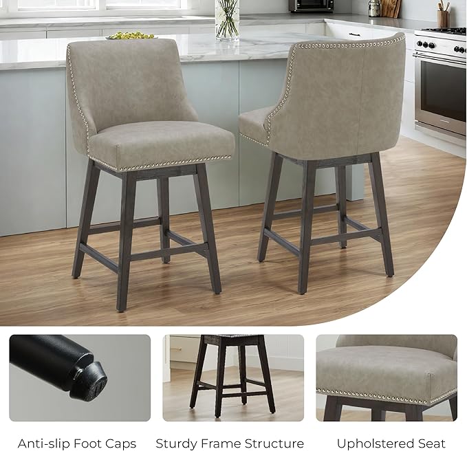 CHITA Counter Height Swivel Bar Stools Set of 4, FSC Certified Upholstered Counter Stools, Modern Swivel Barstools with Wood Legs for Kitchen Island, 26" Seat Height, Faux Leather in Stone Grey