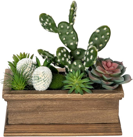 Fake Cactus Plant Small Succulents Plants Artificial Succulents in Wooden Pots Realistic Faux Succulent for Home Decor Office Table Centerpieces Rustic Farmhouse