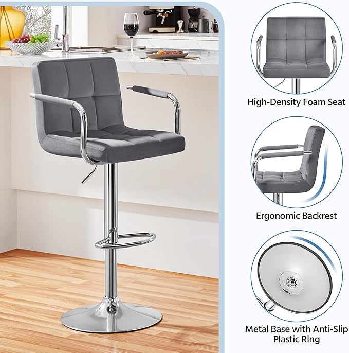 Yaheetech Velvet Bar Stools Set of 4, Adjustable Barstools with Armrest, Counter Height Stool Chairs with Thickened Seat Cushion for Kitchen Island, Dark Grey
