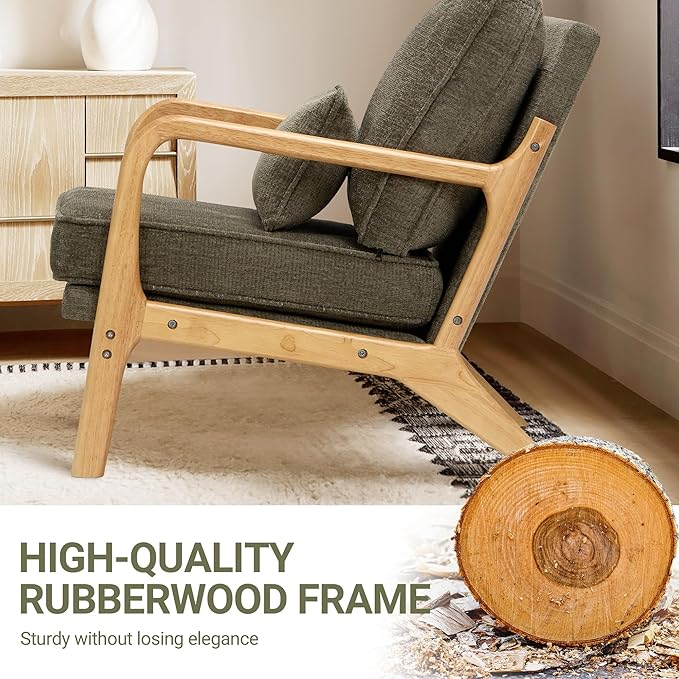 COLAMY Mid Century Modern Accent Chair Set of 2 with Lumbar Pillow, Relaxing Armchair with Solid Wood Frame & Soft Cushion, Reading Leisure Chair for Living Room（Green）