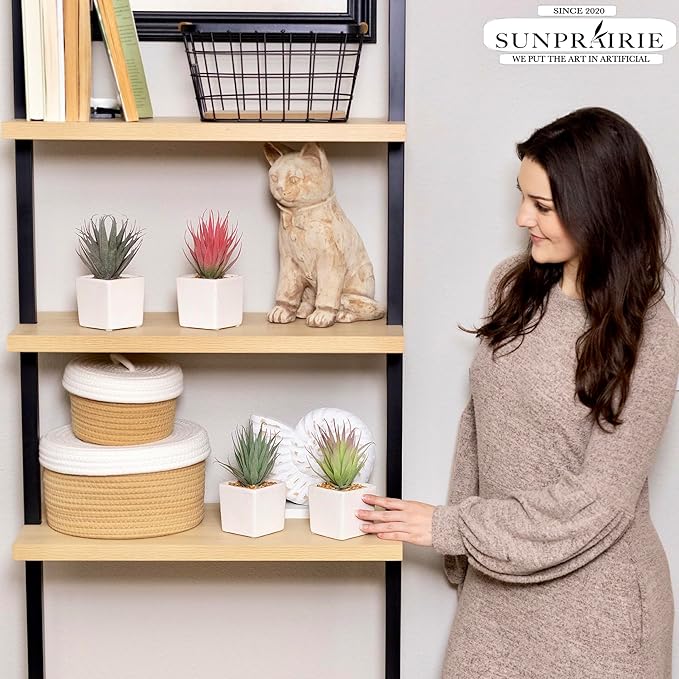 SUNPRAIRIE Classic Set of 4 Faux Succulents 7” Tall in Ivory White Stucco Ceramic Pots-Realistic Multi Colored Artificial Succulents Plants for Home & Office Decor.