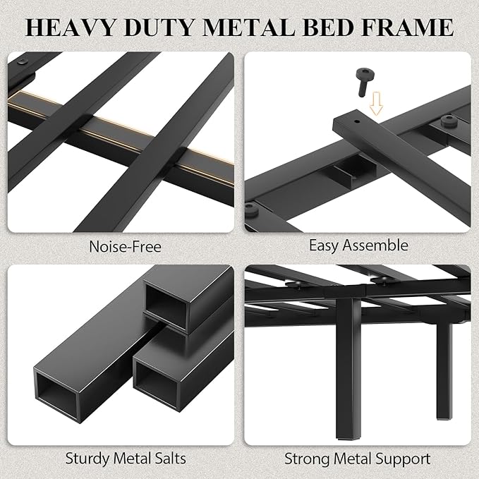 King Size Platform Bed with 2-Tier Storage Headboard, Metal Bed Frame with Charging Station & LED Light, Heavy Duty Metal Slats, No Box Spring Need, Noise Free, Rustic Brown