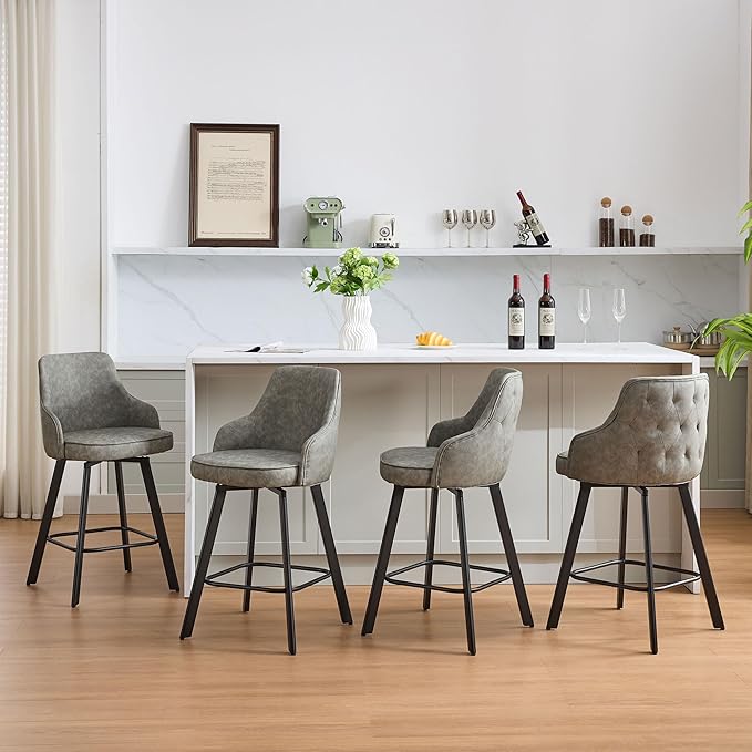 Bar Stools Set of 4, 26" Swivel Counter Height Bar stools with High Back, Faux Leather Kitchen Barstools Counter Height for Kitchen Island (Light Grey, 4PCS 26" Counter Stools)
