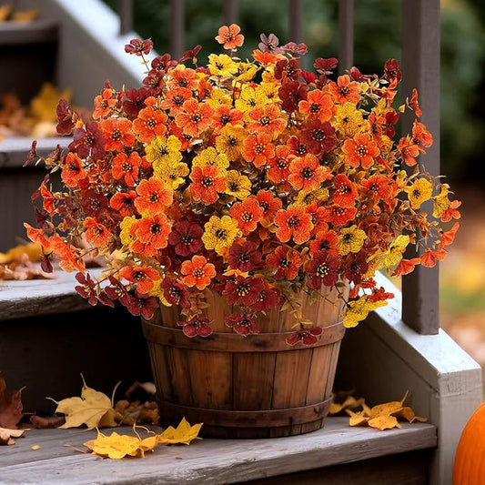 Artificial Mums Fall Fake Flowers for Outdoors, 12 Bundles Faux Mums for Outdoor Planters Autumn Decorations,UV Resistant Silk Flowers for Outside Front Porch Patio Home Decor(B-Orange Yellow Brown)