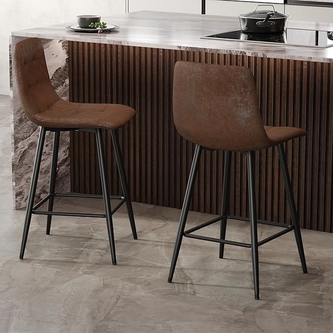 Counter Height Bar Stools Set of 4,Modern Techno-Fabric Barstools, 24.4 inch Seat Height Island Stools,Comfortable Brown Bar Chairs with Metal Legs
