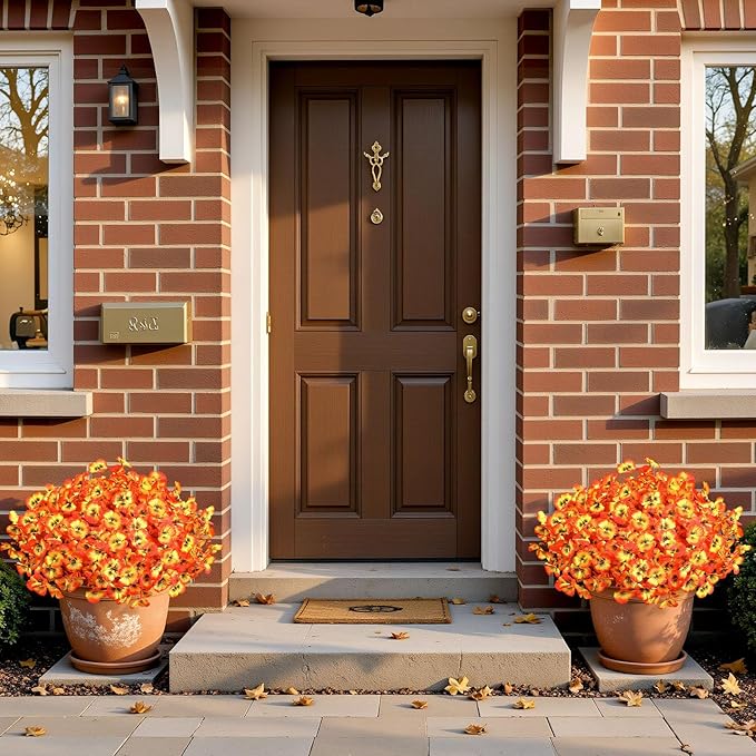 6 Bundles Artificial Fall Flowers for Outdoors Autumn Decorations, Fake Big Pansies Silk Plants UV Resistant Realistic Faux Flowers Plants for Planter Porch Patio Window Decor, Autumn Orange