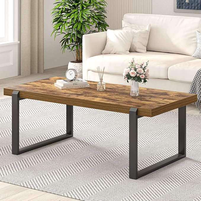 EXCEFUR Modern Coffee Table, Industrial Wood and Metal Center Table, Cocktail Tea Table for Living Room Home Office, Rustic Brown, 44 Inch