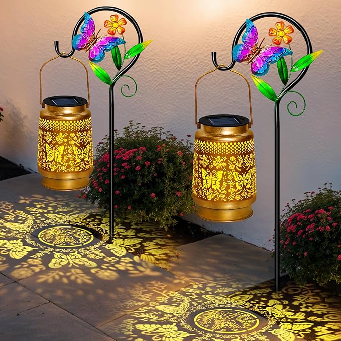 2 Packs Butterfly Solar Lanterns Outdoor Waterproof with Shepherd Hook,Garden Lights Butterfly Decor,Christmas Decorations Birthday Gifts for Women Mom,Hanging Solar Lights Decorative for Patio,Porch