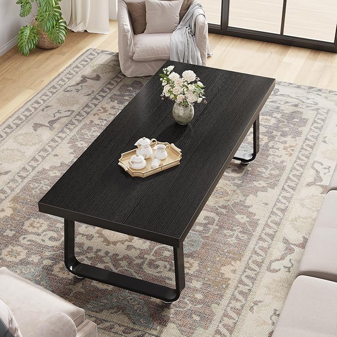 HSH Black Coffee Table, Industrial Wood and Metal Legs Center Table, Modern Minimalist Rectangle Cocktail Table for Living Room, Farmhouse Wooden Tea Table for Bedroom Home Office, Black Oak, 47 Inch