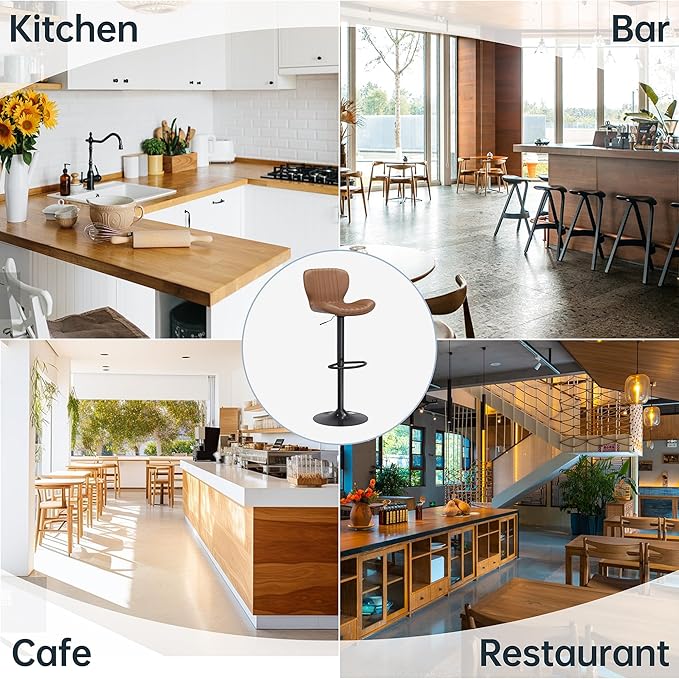 Bar Stools Set of 4, Modern Swivel Bar Stools with Shell Shaped Backrest, Adjustable Counter Height Bar Chairs for Kitchen, Island, Bar, Dining Room, Brown