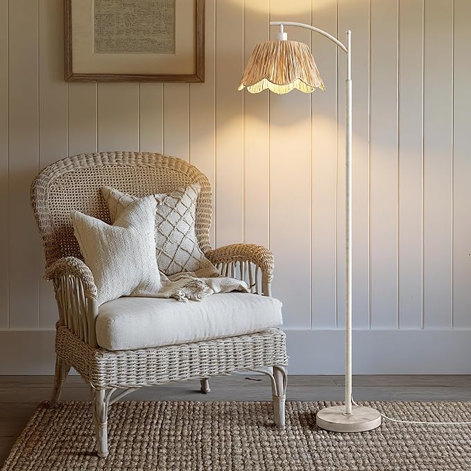 Oneach Rattan Floor Lamp for Living Room with 3 Color Temperatures, Boho Floor Lamp for Bedroom with Remote & Dimmable Bulb, Farmhouse Standing Lamp for Reading, Antique White