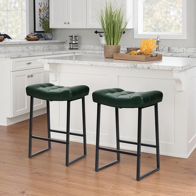 Counter Height Bar Stool for Kitchen Counter Modern Backless Barstool with Upholstered Faux Leather Seat and Metal Frame Industrial 24 inch Bar Chair, Dark Green