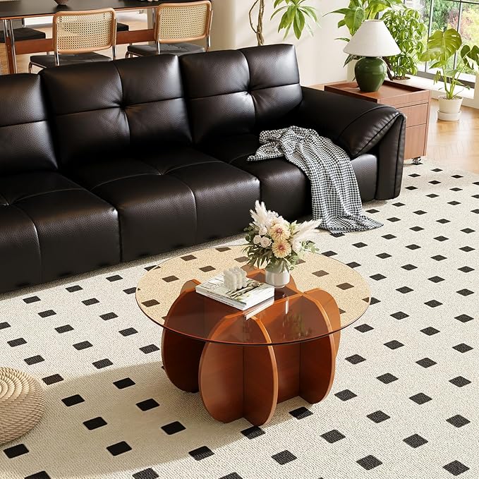 Coffee Table for Living Room Mid Century Modern Round Center Table with Glass Top and Wood, Walnut Brown