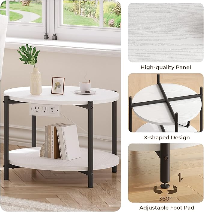 LIKIMIO Round Side Table Set of 2, 23.6" W End Table with Charging Station, Modern Wooden Nightstand for Small Spaces, Living Room, Bedroom, White