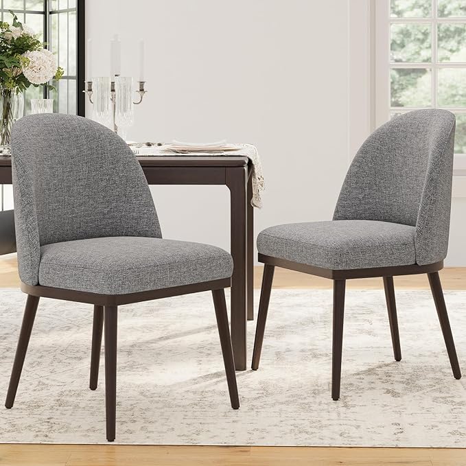 Upholstered Dining Chairs Set of 2, Large Dining Room Kitchen Chairs with High Back and Deep Seat, Modern Fabric Dinner Chairs with Wood Legs, Dark Grey