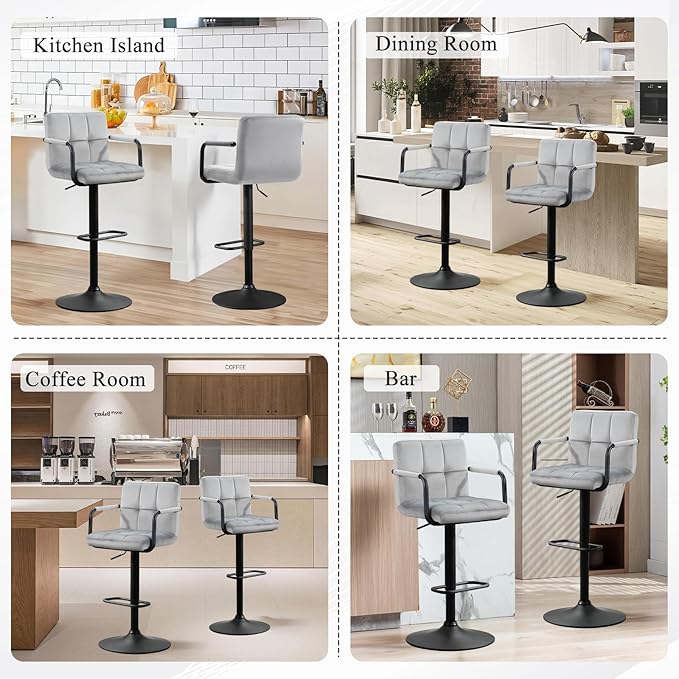 Furniliving Swivel Bar Stools Set of 4, Adjustable Kitchen Counter Height BarStools with Arms, Velvet Upholstered Bar Chair with Back and Footrest for Dining Room, Kitchen, Pub, Bar (Grey)