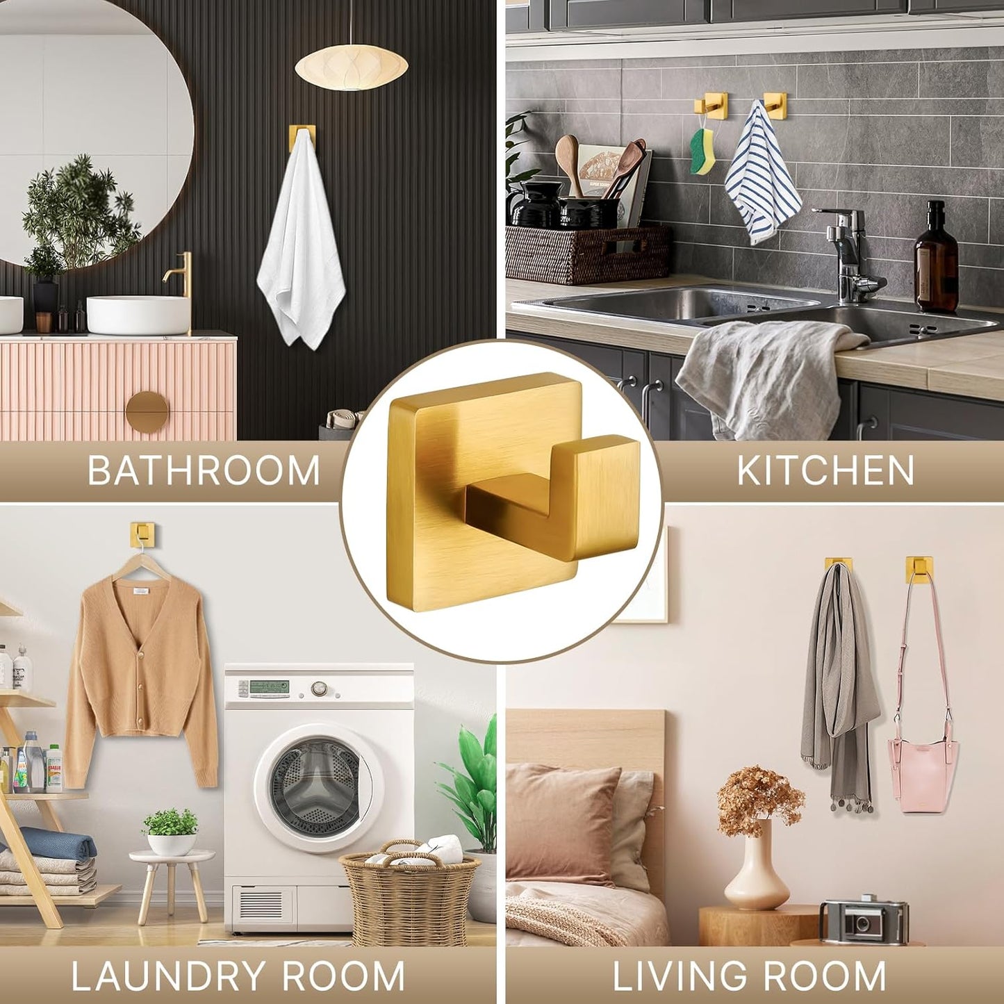 Towel Hooks for Bathrooms Robe Hook Coat Hook 4 Pack Brushed Gold Stainless Steel Heavy Duty Wall Mounted Square Hooks for Bathroom Kitchen Bedroom