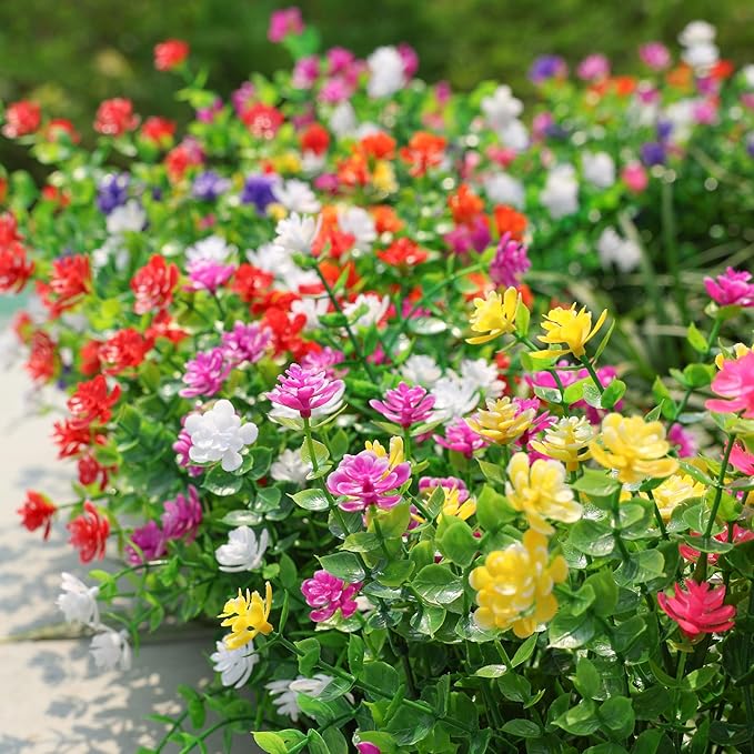 Ivydale Artificial Flowers Plants for Sping Summer Outdoors Indoors Decoration, 12 Bundles Fake Plastic UV Resistant Flowers Faux Greenery Bushes Shrubs for Home Porch Patio Garden (Purple+Fuchsia)