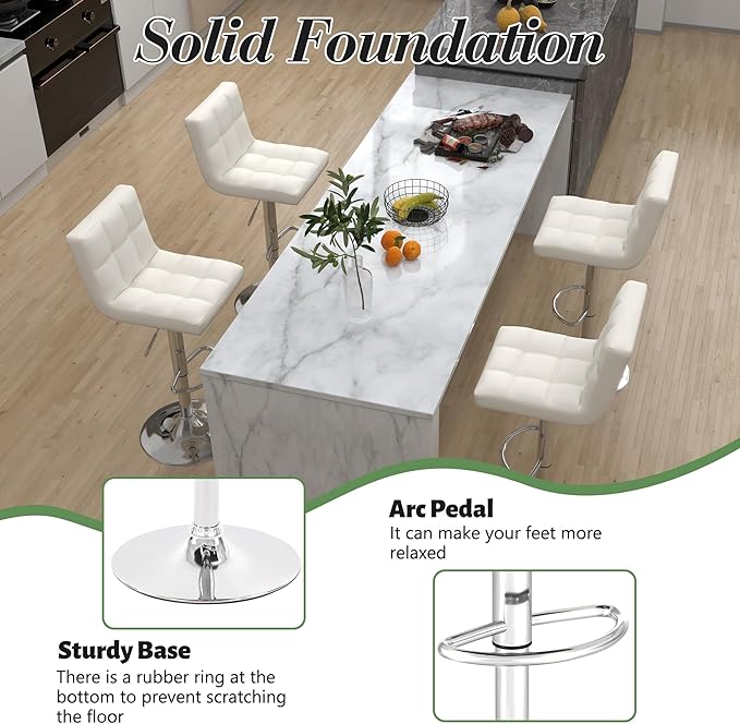 Modern Counter Height Bar Stools Set of 6, Armless Adjustable Swivel Square Bar Chairs Kitchen Barstools with PU Leather and Large Base for Dining Room/Island(White)
