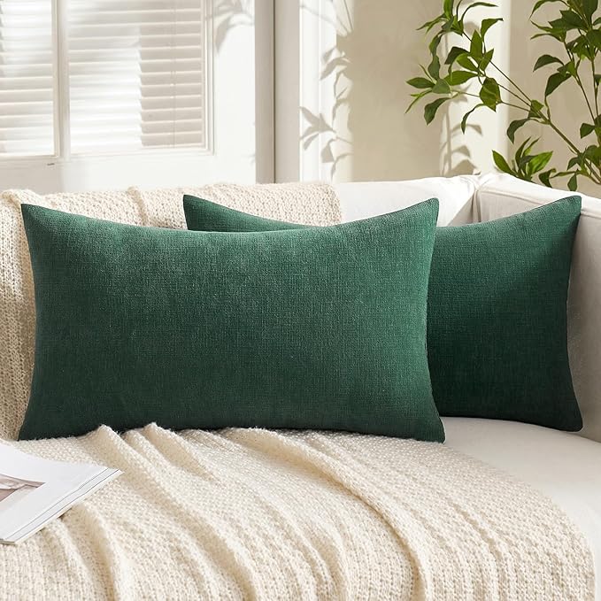 MIULEE Dark Green Couch Pillow Covers 12x20 Inch, Set of 2 Soft Chenille Decorative Lumbar Throw Pillow Covers Christmas Farmhouse for Sofa Living Room Bed