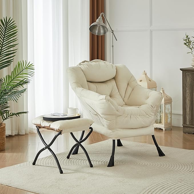 HollyHOME Fabric Lazy Chair with Foldable Ottoman, Accent Comfy Lounge Arm Chair and Folding Footrest Stool Set, Leisure Sofa Reading Chair and Footstool for Living Room, Bedroom, Dorm, Beige