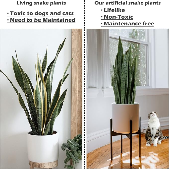 Worth Garden 3ft Artificial Snake Plant Fake Sansevieria Indoor Outdoor, 28 Thick Leaves Lifelike Faux Silk Plant, Home Decor Mother in Law Tongue Plant 35in, with Black pot & Dry Moss Included, Green