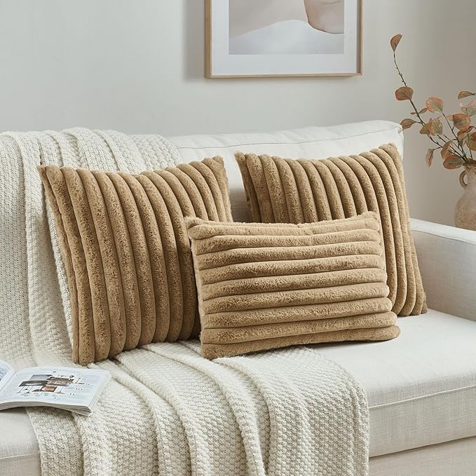 FUTEI Camel Striped Decorative Throw Pillow Covers 12x20 Inch Set of 2,Rectangle Fall Decorations Couch Lumbar Pillowcase,Soft Cozy Faux Rabbit Fur & Velvet Back,Modern Home Decor for Bed