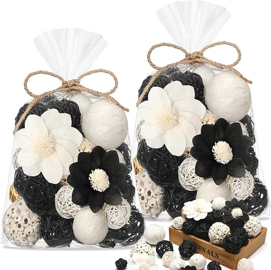 Riceshoot 2 Pack Decorative Balls Potpourri Bowl Filler Decor Natural Vase Bowl Filler Assorted Spherical Rattan Twigs Wicker Balls Cotton for Home Centerpiece(Black)