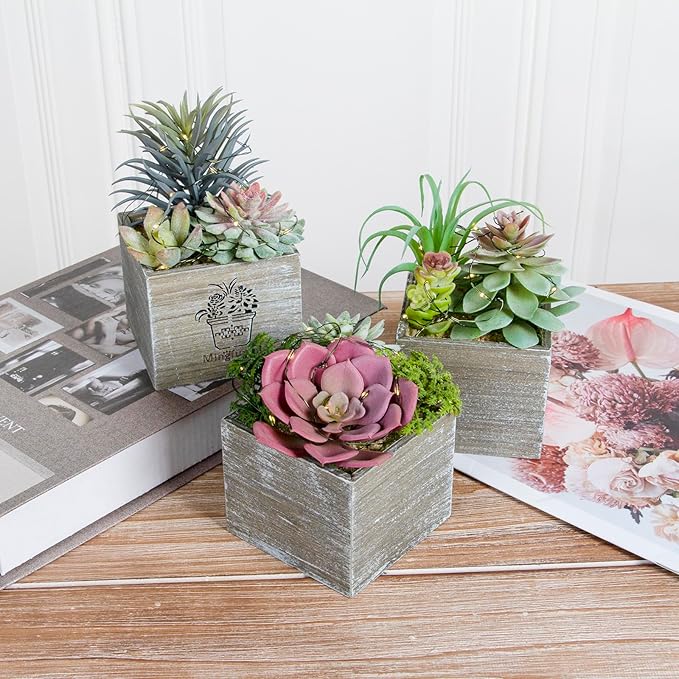 Mingfuxin Small Fake Plants, 3 Packs Mini Succulent Plants Artificial with Led Lights for Indoor Bathroom Bedroom Desk Office Decor