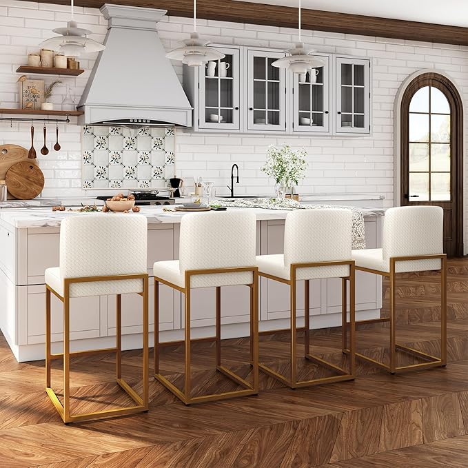 ALPHA HOME 24” Bar Stools Set of 2 Counter Height Bar Stool Pu Leather Kitchen Modern Bar Stools with Backrest Upholstered Footrest Sturdy Chromed Metal Steel Frame, Off-White