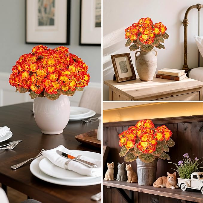 Fake Fall Flowers Artificial for Outdoors Decoration, 6 Bundles Faux Geranium Silk Flower Outside UV Resistant No Fade Artificial Floral for Home Garden Balcony Indoor Table Centerpieces Decor