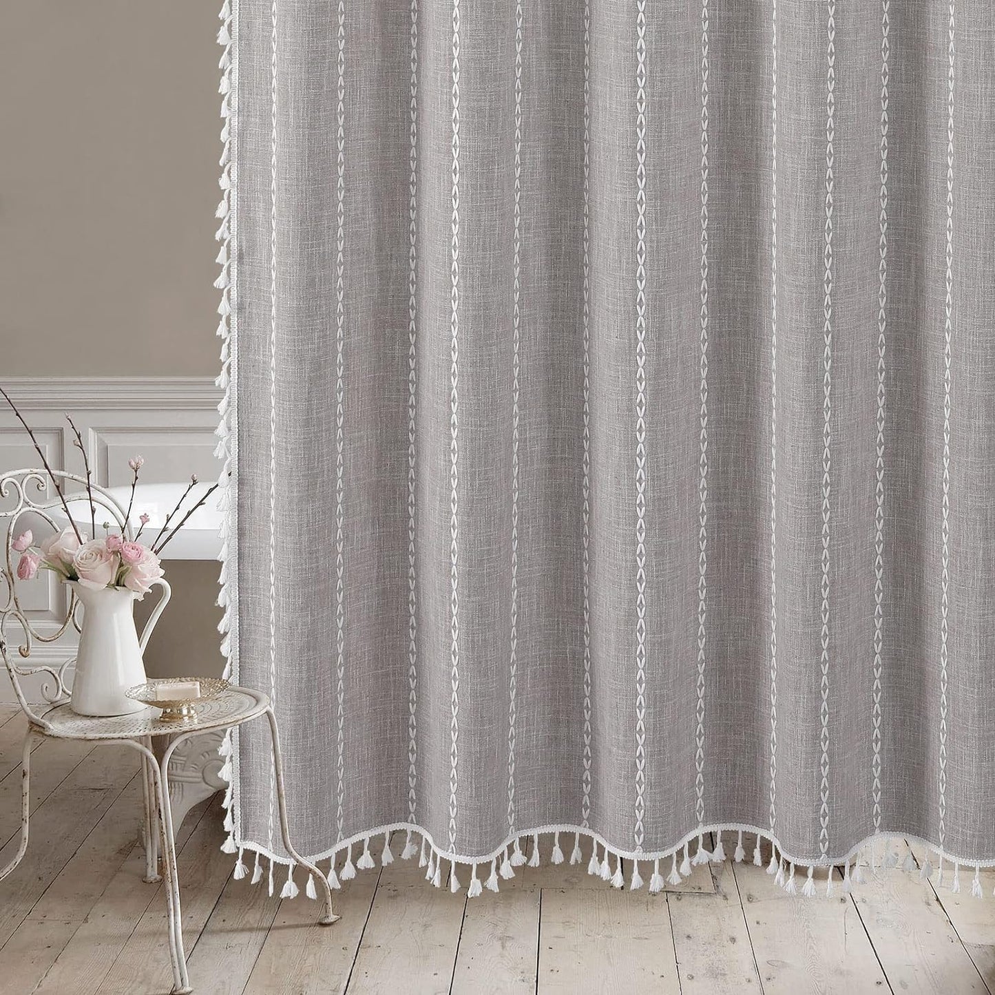 MitoVilla Boho Extra Long Shower Curtain 72 x 84, 84 inch XL Cotton Linen Tassel Fabric Shower Curtains for Vintage Country Farmhouse Bathroom Decor, Thick & Wrinkle Resistant, Brown Grey