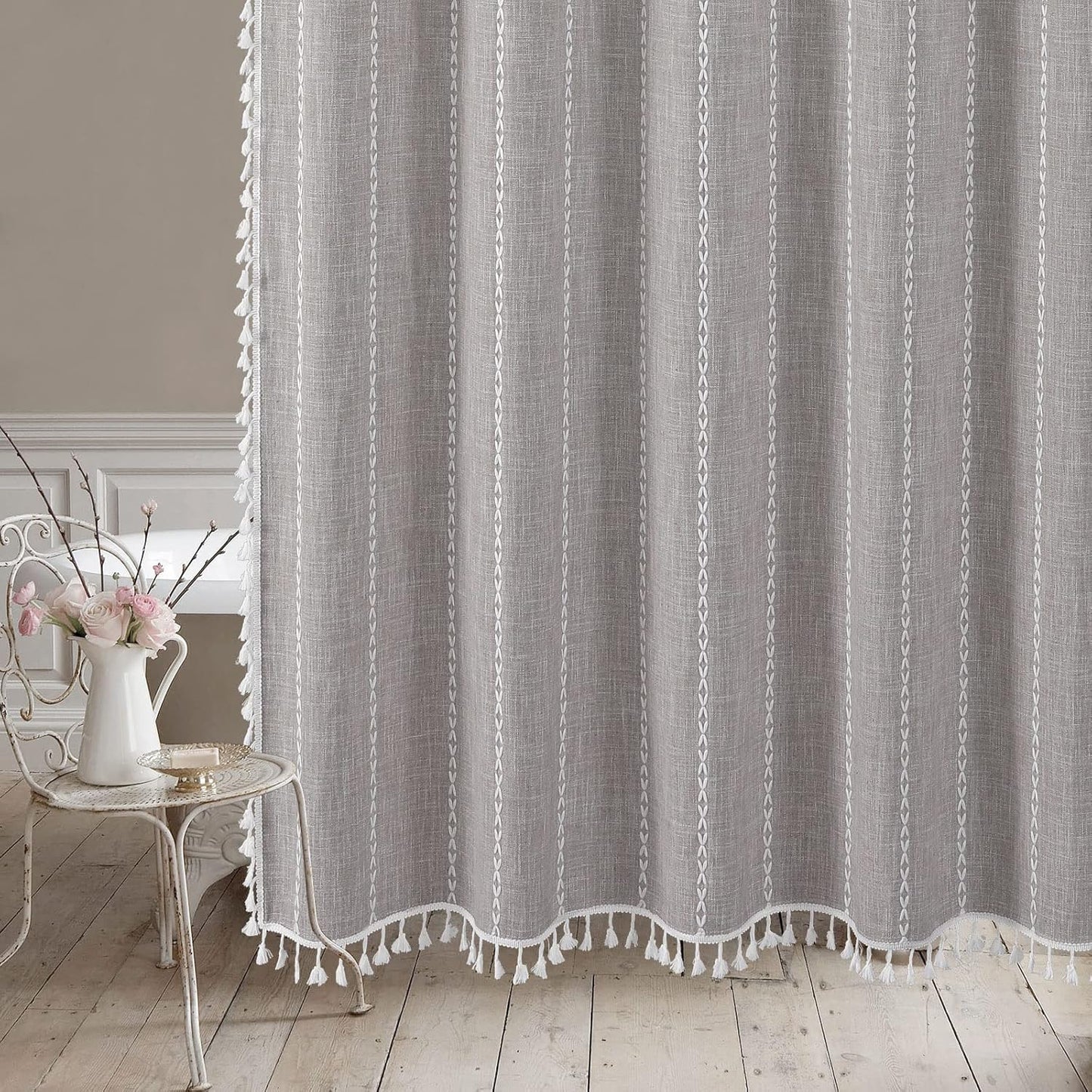 MitoVilla Grey Farmhouse Fabric Shower Curtain Set, Boho Modern Polyester Linen Shower Curtains for Vintage Rustic Bathroom Decor, Country Tassel Thick Cloth Shower Curtain, 72 x 72