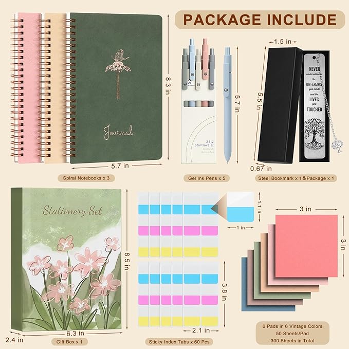 Stationery Set for Women, Bible Journaling Kit, 3PCS A5 Spiral Notebooks, Gel Pens, Steel Bookmark, Sticky Notes & Tabs, Gift Box - Aesthetic Gift Set for Work Students School Office Supplies