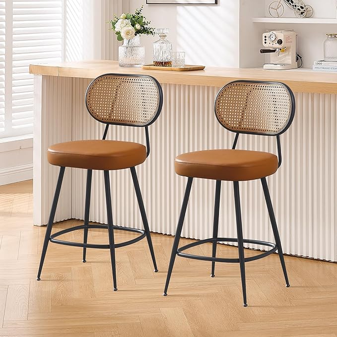 BFZ Counter Height Bar Stools Set of 2, 26" Seat Height Barstools with Rattan Back and Metal Legs, Upholstered Faux Leather Bar Chairs for Kitchen Island, Home Bar, Brown