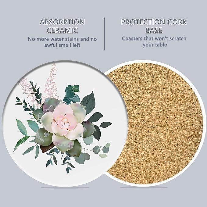 Table Coaster for Drinks Set of 6, Cactus Succulent Flower Round Ceramic Coasters,with Cork Base and Metal Holder,Great Housewarming Birthday Gifts,Home Decor