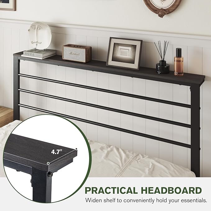 MUTICOR Full Size Metal Platform Bed Frame with Shelf Headboard, No Box Spring Needed, Easy Assembly, Black Shelf