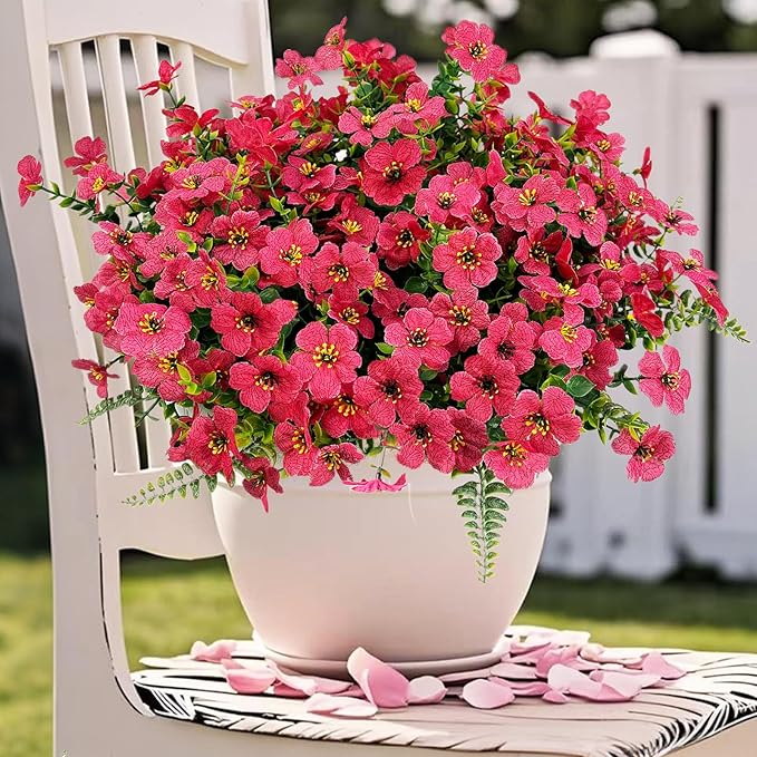 Artificial Faux Plants Flowers Outdoor Decoration,16 Bundles Fake Silk Colorful Daisy Eucalyptus Realistic UV Resistant for Outside Home Planter Porch Patio Yard Decor (Red)