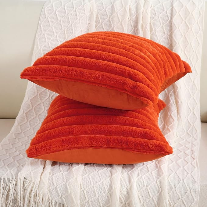 FUTEI Burnt Orange Striped Decorative Throw Pillow Covers 26x26 Inch Set of 2,Square Fall Decorations Couch Euro Pillow Shams,Soft Cozy Faux Rabbit Fur & Velvet Back,Modern Home Decor for Bed