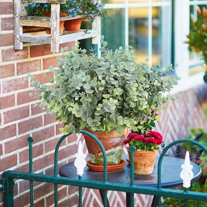 RECUTMS 8 Bundles Artificial Greenery Plants Stems Outdoor Fake Eucalyptus Plants Boxwood Bushes for Farmhouse Bathroom Office Vase Centerpiece Indoor Outdoor Decoration(Dusty Blue)