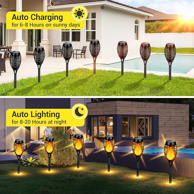 Solar Lights Outdoor, Upgraded 16 Pack Solar Torch Lights Outdoor Flickering Flame for Garden Decor, Waterproof Outdoor Lights Solar Powered, Tiki Torches for Outside Yard Patio Pathway Decor