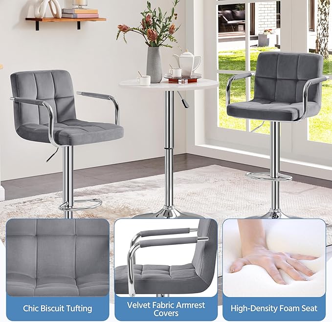 Yaheetech Velvet Bar Stools Set of 4, Adjustable Barstools with Armrest, Counter Height Stool Chairs with Thickened Seat Cushion for Kitchen Island, Dark Grey