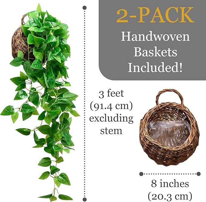 2-Pack Artificial Plants (with Baskets) - Ivy Vines Pothos - Outdoor & Indoor Decorations - Wall Faux Hanging Vine with Fake Leaves