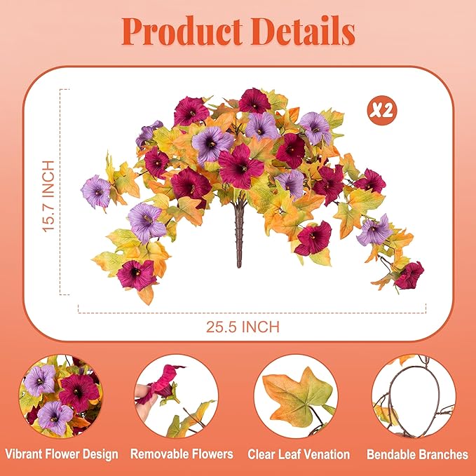 Fall Flowers Artificial for Decoration Fake Petunias Plants for Outdoor, 2PCS Autumn Silk Faux Flower UV Resistant No Fade Floral for Garden Balcony Yard Porch Realistic Indoor Decor (Burgundy Purple)