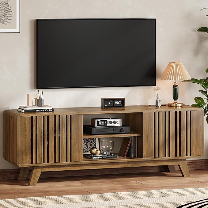 ONBRILL 63-Inch TV Stand for TVs up to 75 Inch, Mid-Century Modern Television Stand with Power Outlet， Entertainment Center with Sliding Grille Door Cabinets and Open Shelves for Living Room, Oak