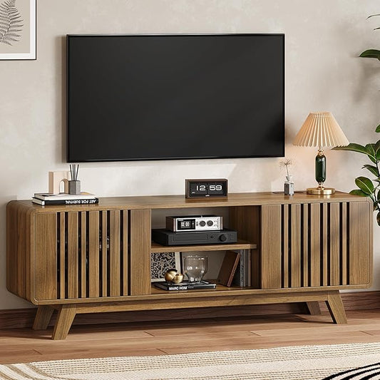 ONBRILL 63-Inch TV Stand for TVs up to 75 Inch, Mid-Century Modern Television Stand with Power Outlet， Entertainment Center with Sliding Grille Door Cabinets and Open Shelves for Living Room, Oak