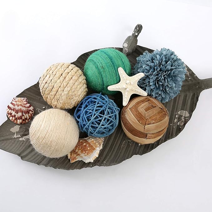 6 Pcs 3.5in Summer Spherical Decorative Balls - Blue & Green Rattan Balls with Twine for Vase & Bowl Fillers