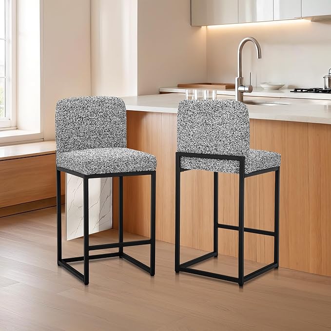 ALPHA HOME 24" Bar Stools Set of 2 Kitchen Counter Stools with Back, Counter Height Stools with Upholstered Footrest for Kitchen Island, Metal Steel Frame, Chenille, Gray
